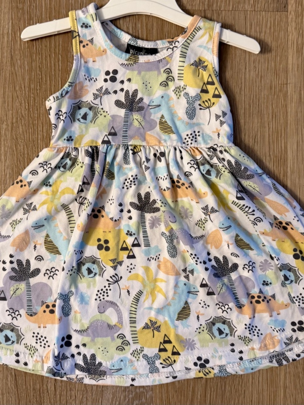 Picapino Girl's Size 6-9 Months Sundress With Pastel Dinosaur Pattern